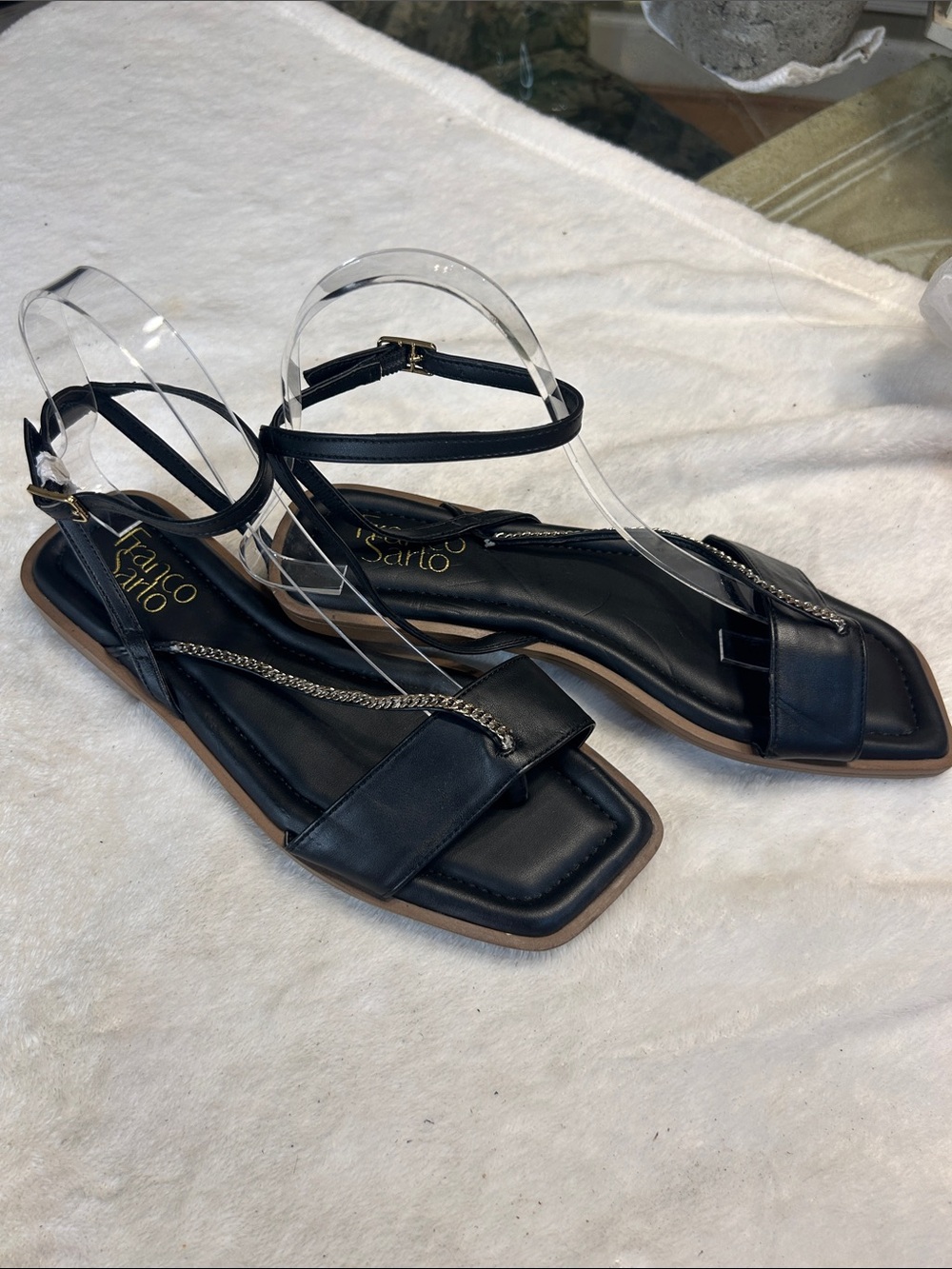Franco Sarto Black Leather Chain-Detail Ankle-Strap Sandals - Picture 3 of 5